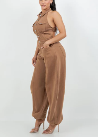 Halter Neck Button-Down Wide Leg Jumpsuit