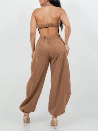 Halter Neck Button-Down Wide Leg Jumpsuit