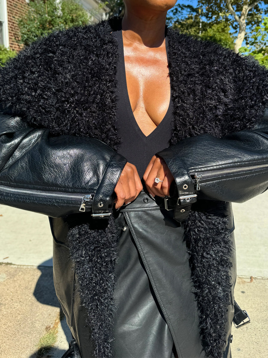 Lapel Shearling Bomber Jacket