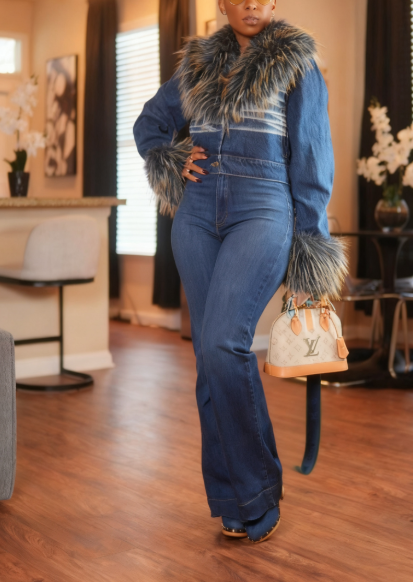 Faux Fox Fur Collar Denim Jacket