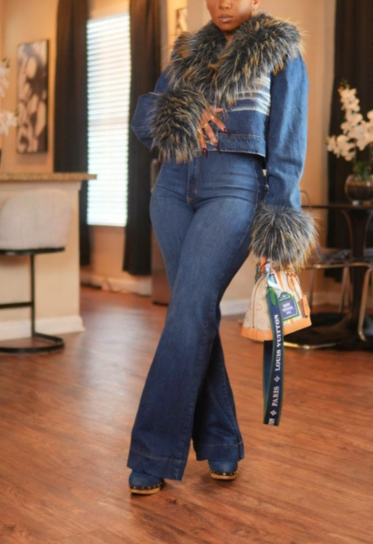 Faux Fox Fur Collar Denim Jacket