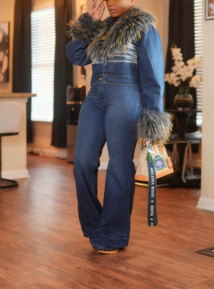 Faux Fox Fur Collar Denim Jacket