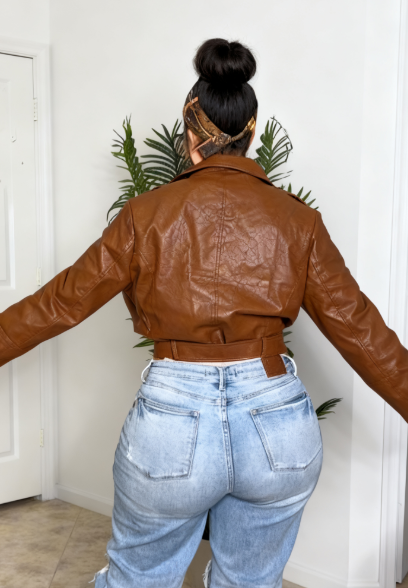 PU Leather Lapel Zipper Belt Jacket