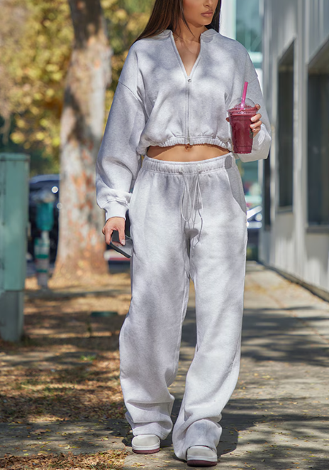Drawcord Waist Cropped Zip Up Sweatshirt Suit