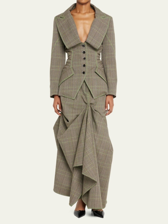 Stylish Oversize Lapel Plaid Suit Skirt Suit