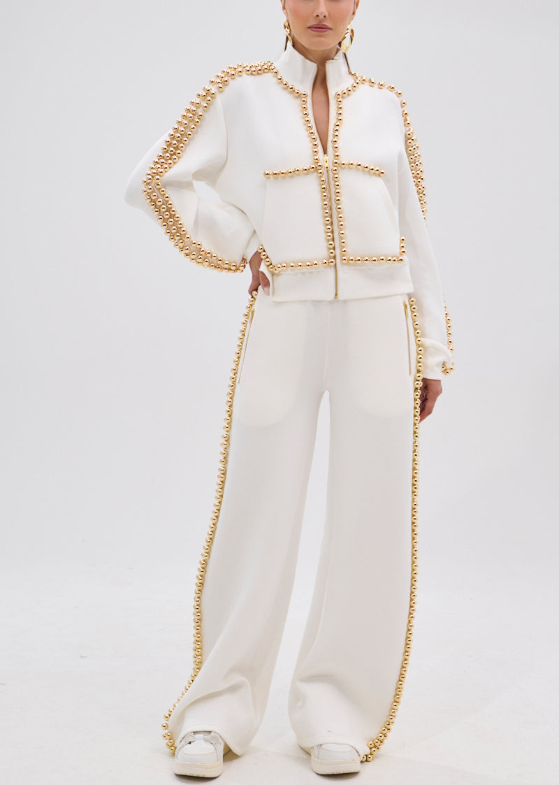 Metal Ball Decorated Zipper Pants Suit