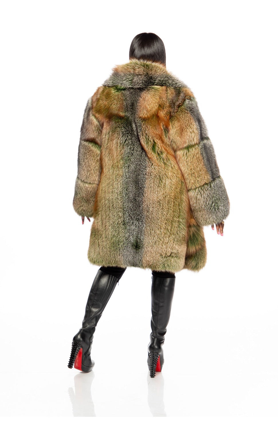 Green Trinity Mid Length Faux Fox Fur Coat
