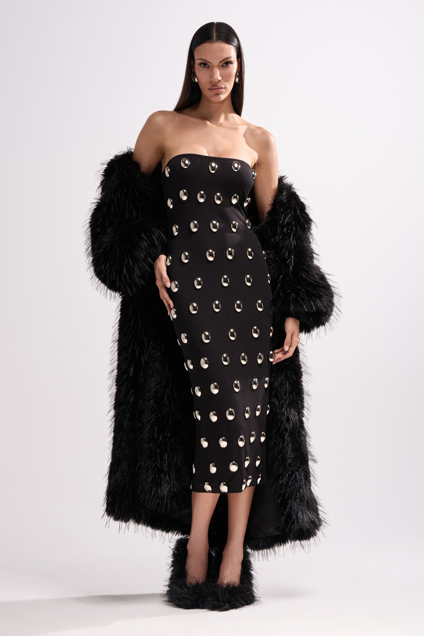 Metallic Embellished Strapless Midi Dress