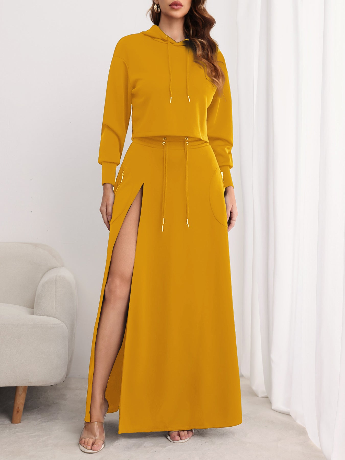 Hooded Sweatshirt And Slit Maxi Skirt Set