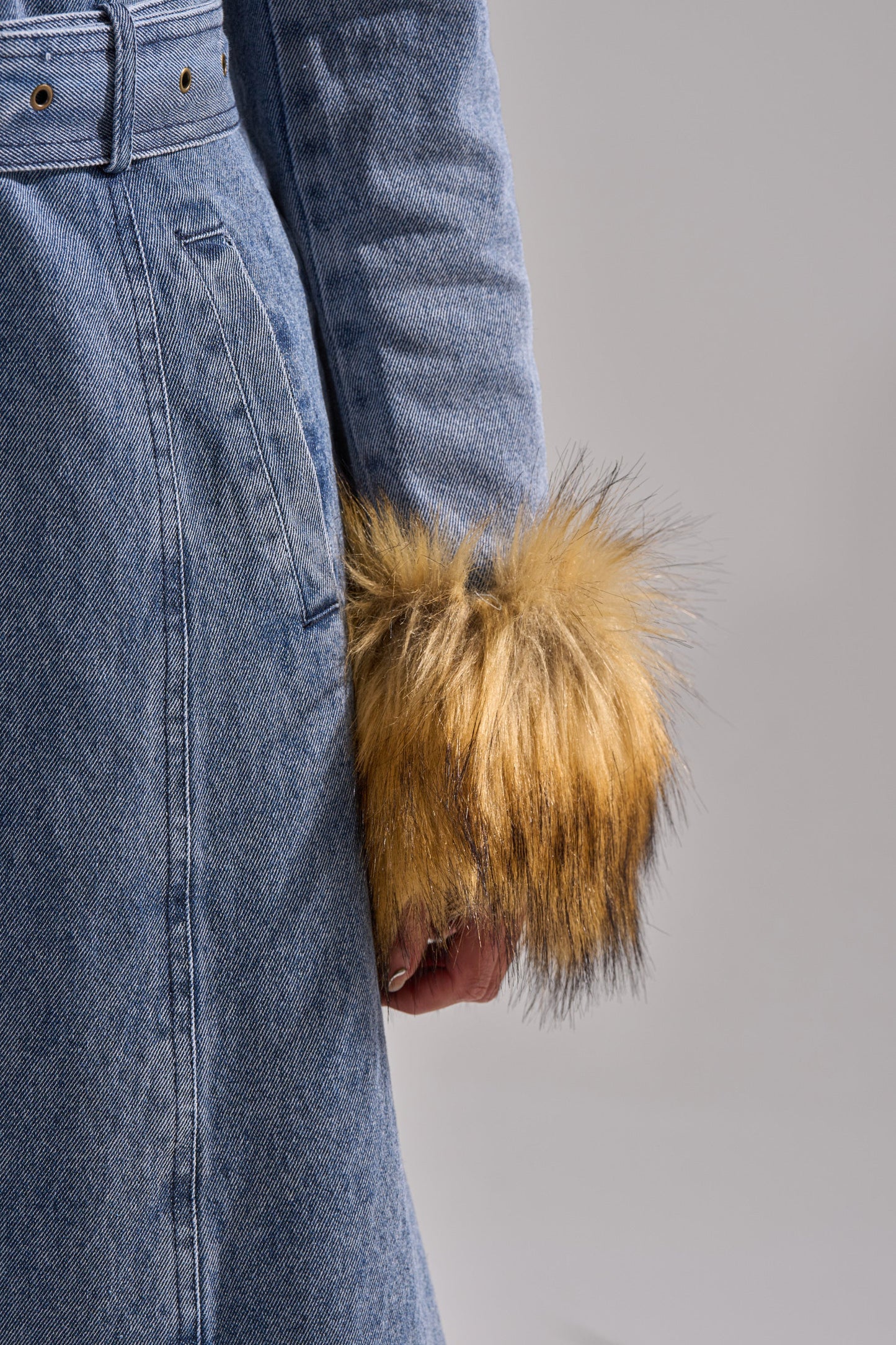 Fur Trim Denim Trench