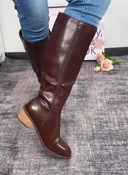 PU Leather Waterproof And Warm Zippered Mid-calf Boot