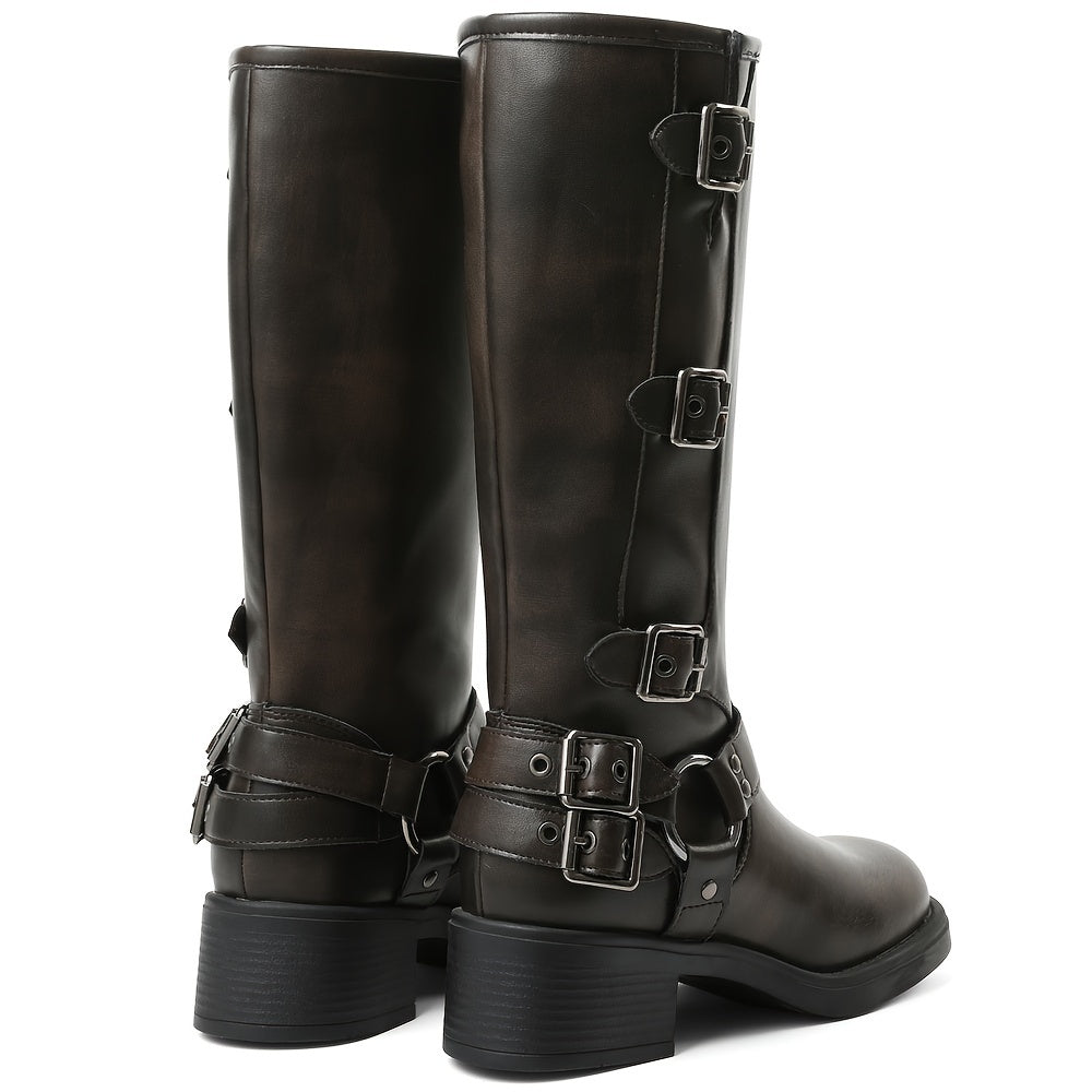 Retro Metal Buckle Mid-heel Knee-high Boot