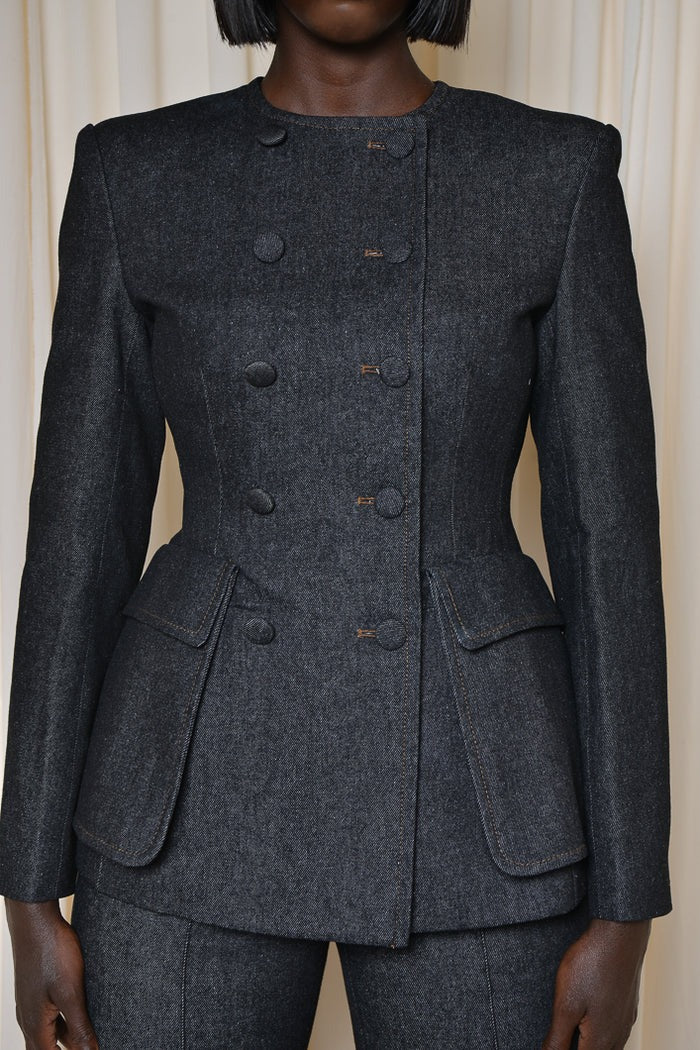 Double-breasted Tailored Blazer In Black Denim& Flared Pants
