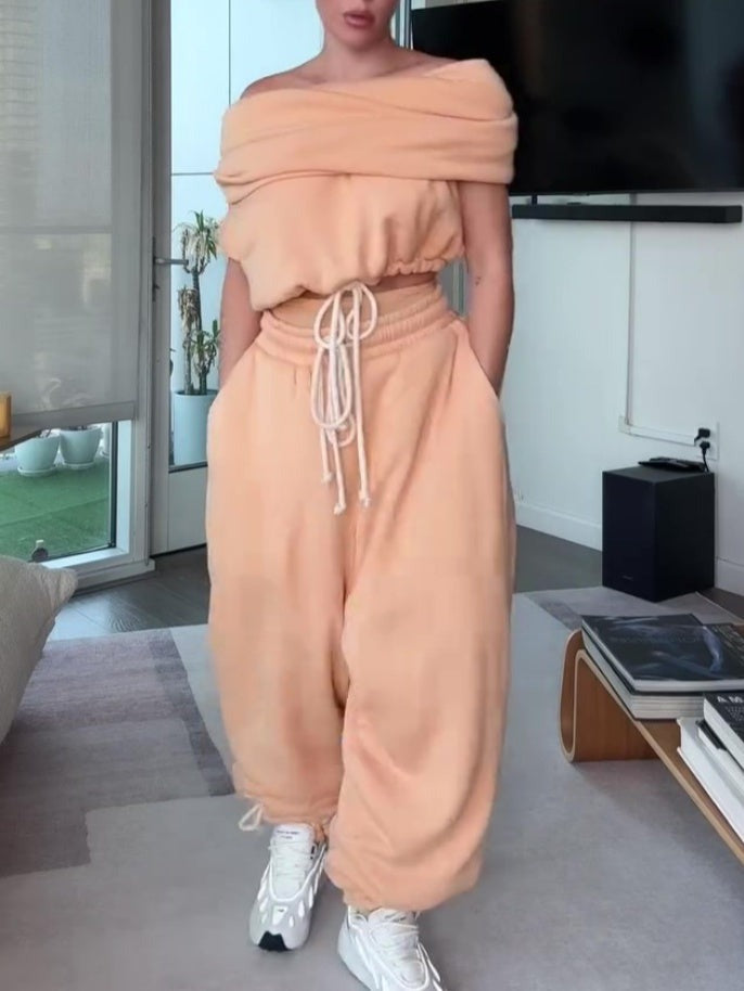 Cropped Sleeve Drawstring Hoodie Vest And Oversized Sweatpants Two Pieces Set