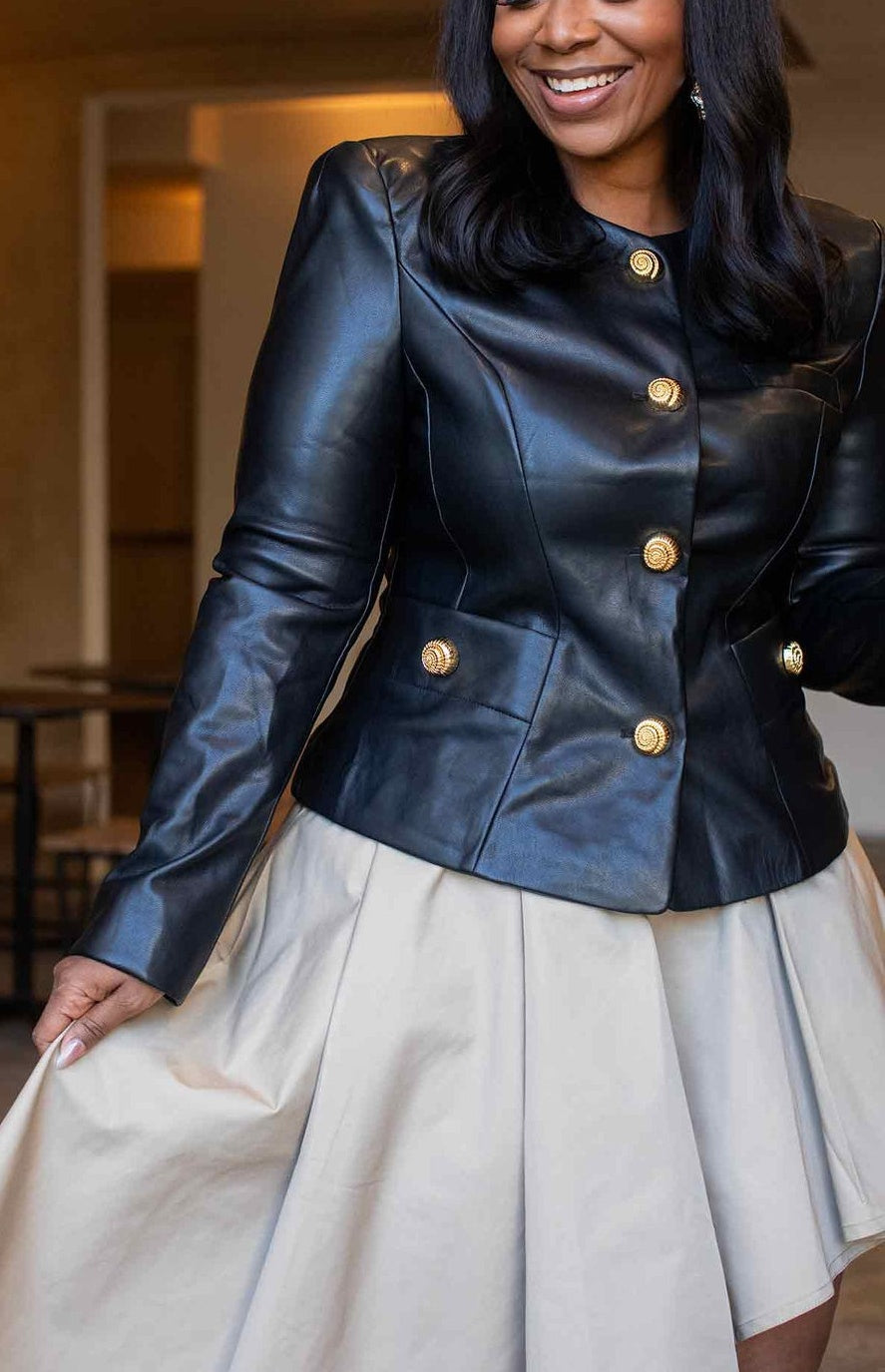 Metal Button Slim Leather Jacket With Irregular Skirt Set