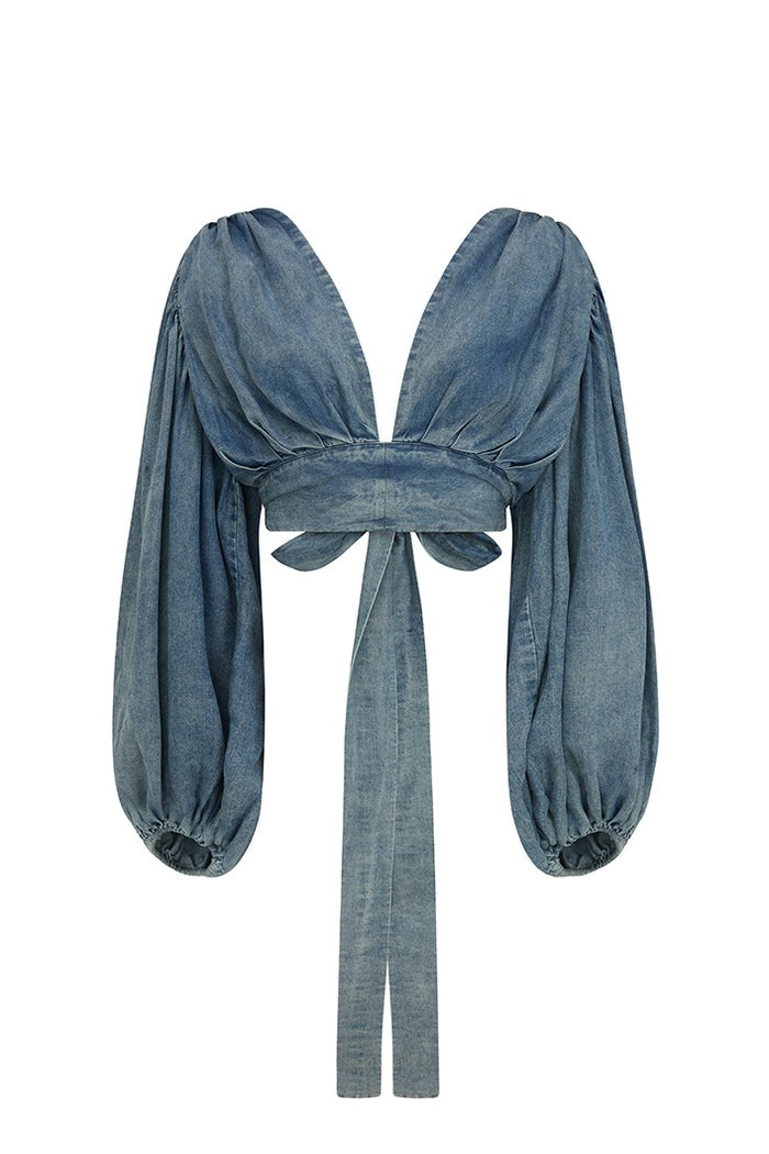 Puff-sleeved Open-back Denim Suit