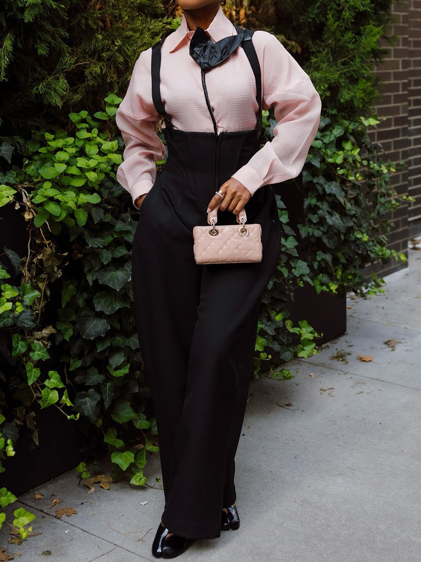 Lapel Floral Shirt & Suspender Rounded Corset Pants Set