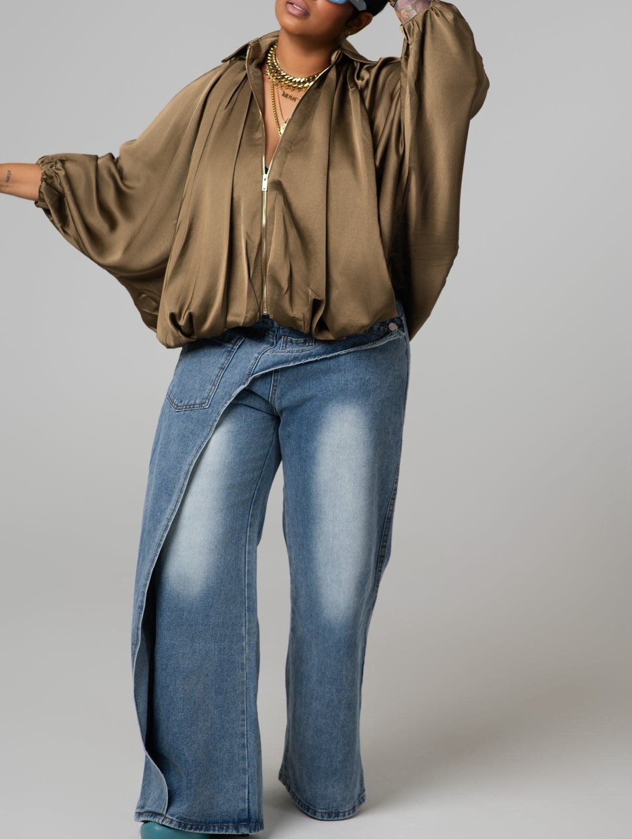 Wide-leg Denim Pants with Drapes