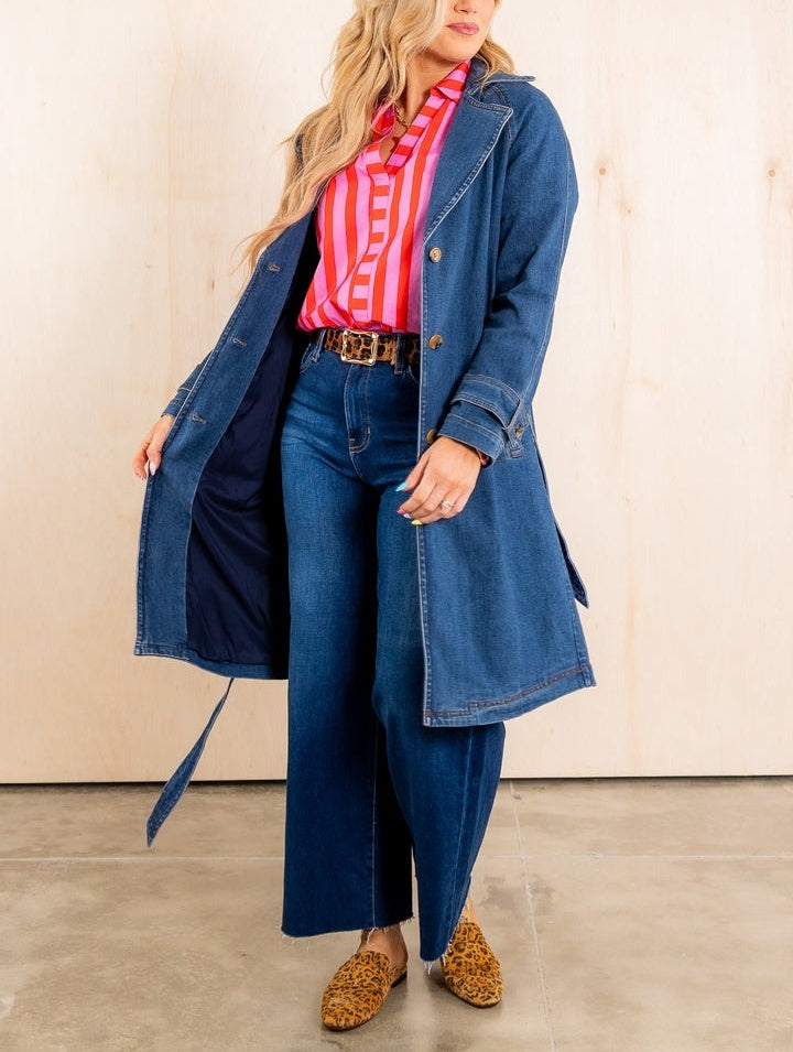 Denim Midwash Long Sleeve Trench Coat