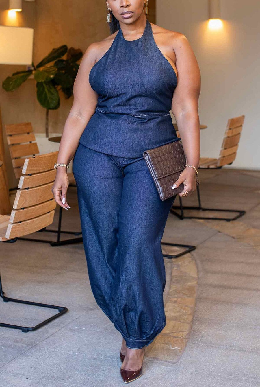 Denim Halter Pant Set