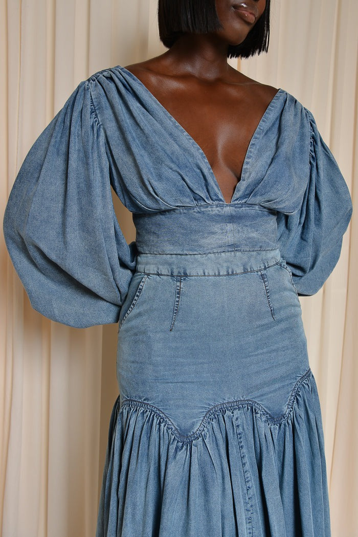 Puff-sleeved Open-back Denim Suit