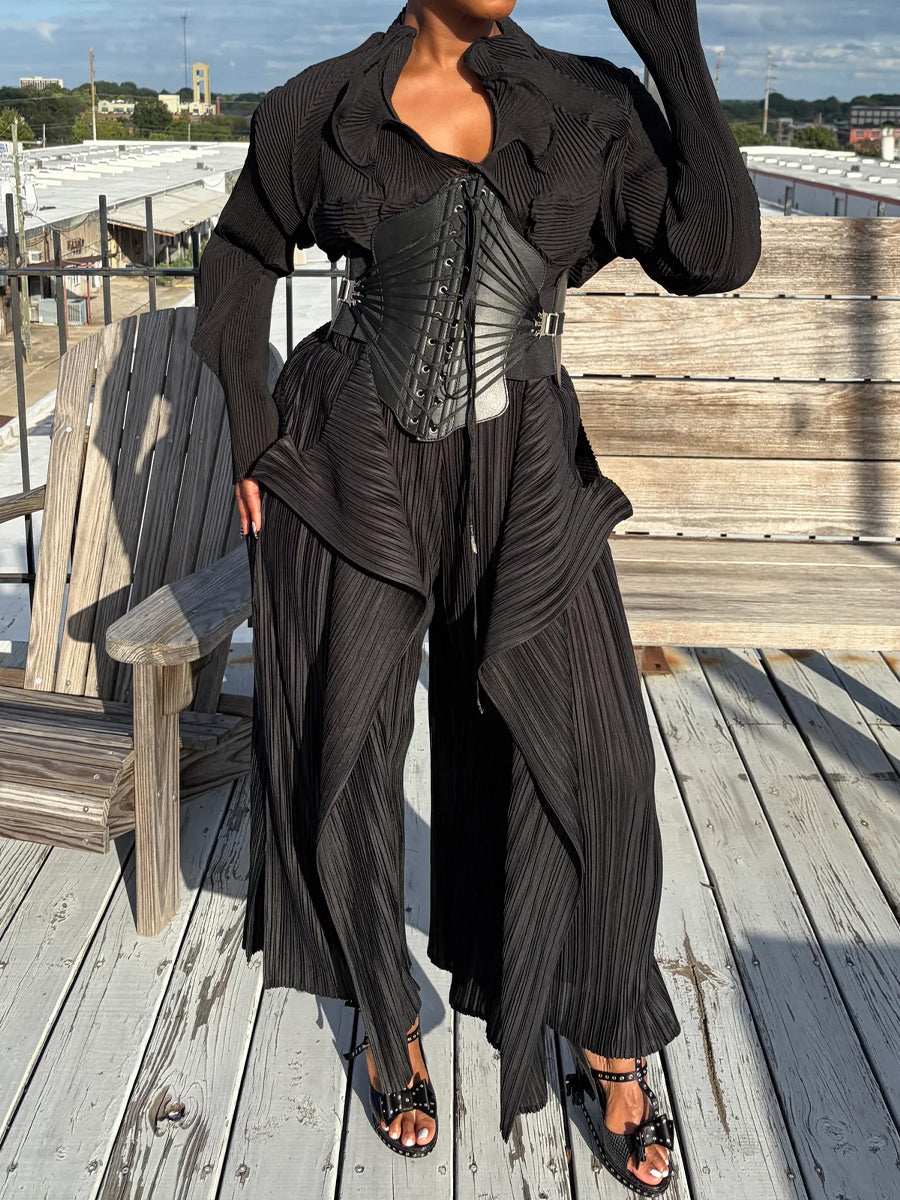 Elastic Pleated Top & Accordion Pants Without Belt