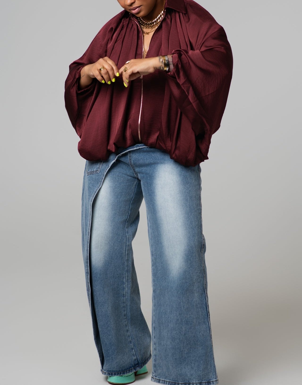Wide-leg Denim Pants with Drapes