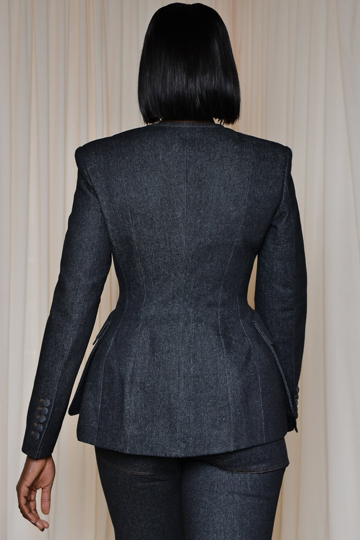 Double-breasted Tailored Blazer In Black Denim& Flared Pants