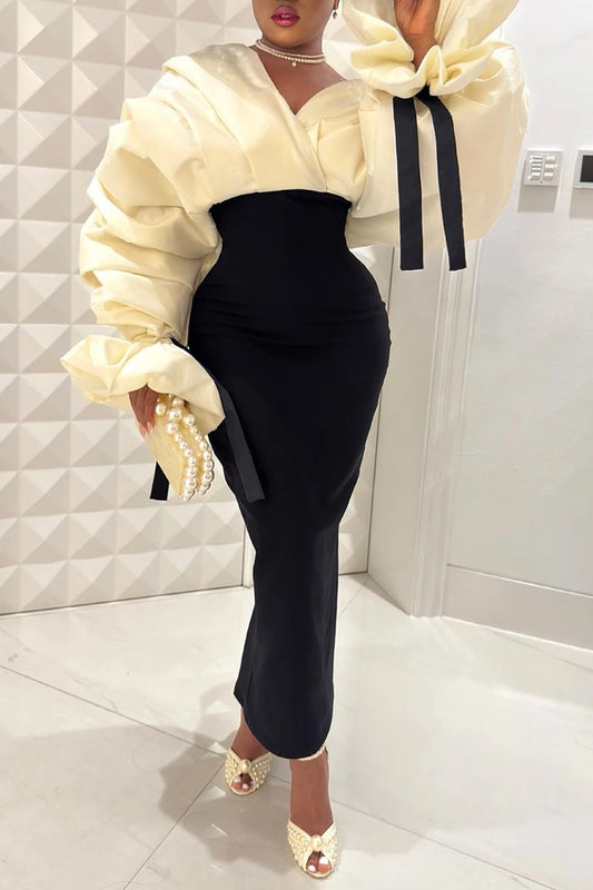 Elegant Deep V Neck Patchwork Maxi Dress