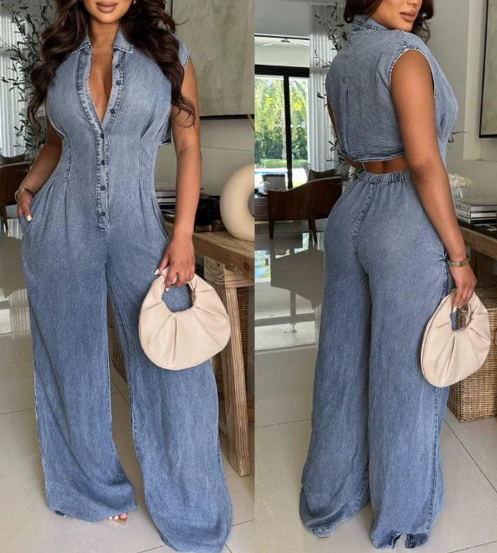 Open Back Washed Denim Jumpsuit