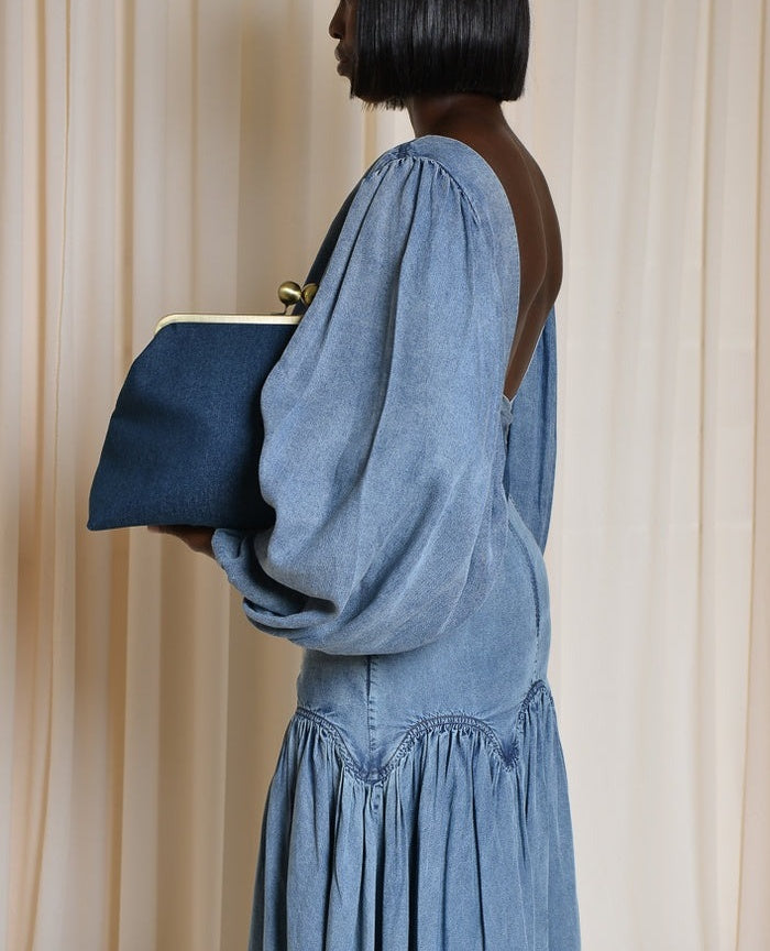 Puff-sleeved Open-back Denim Suit