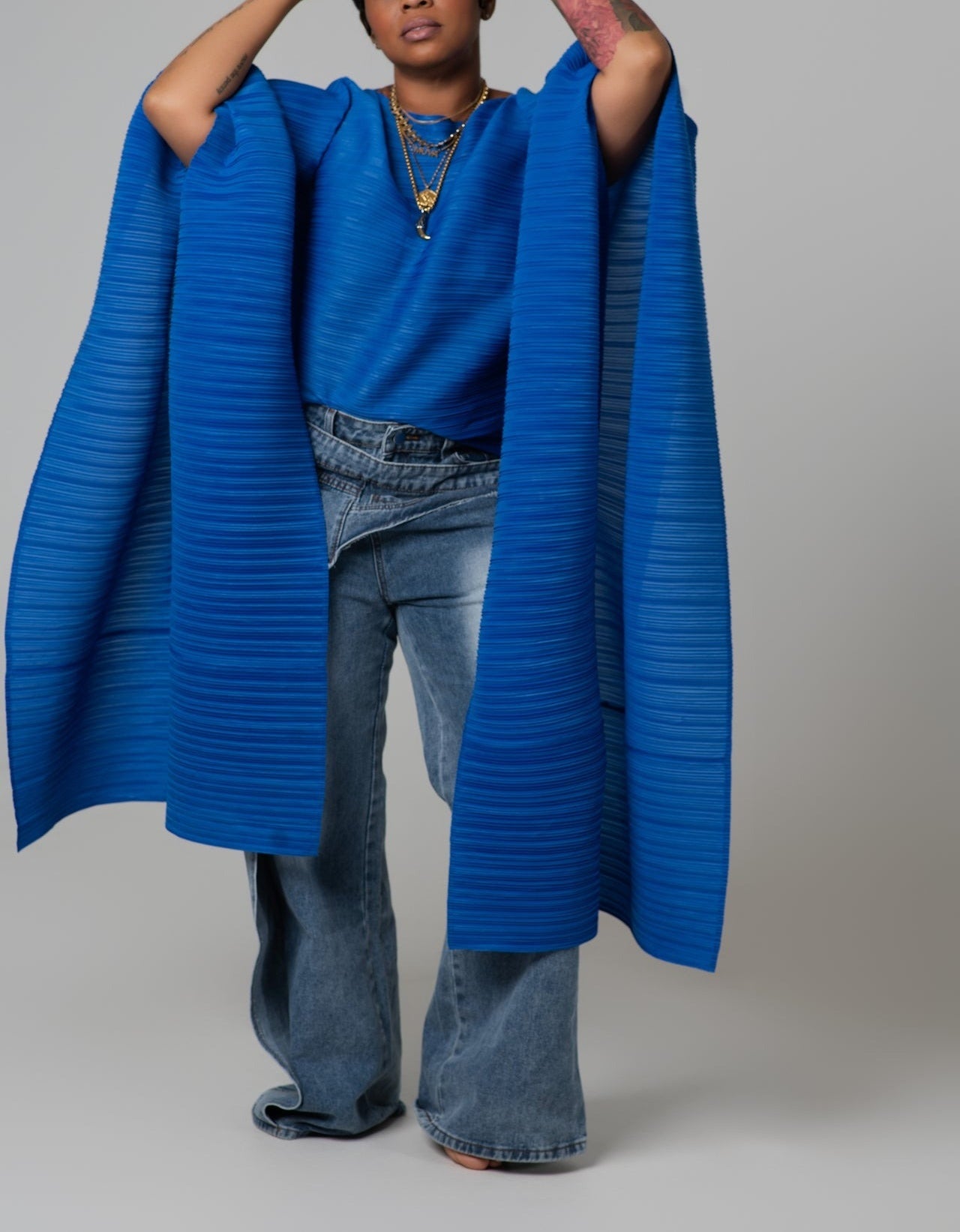 Wide-leg Denim Pants with Drapes