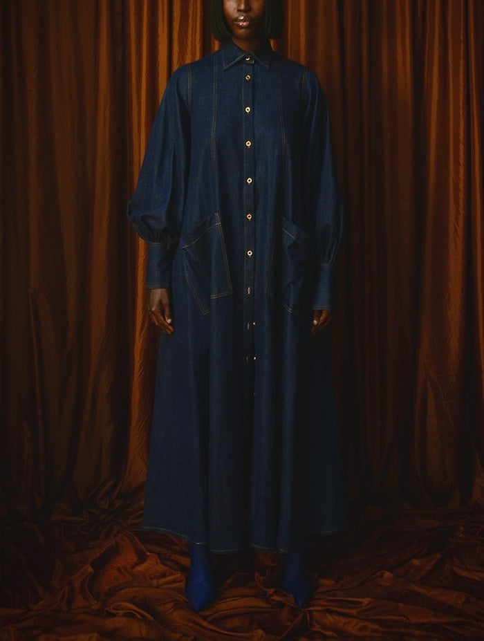 Maxi Flared Shirt Dress In Dark Denim