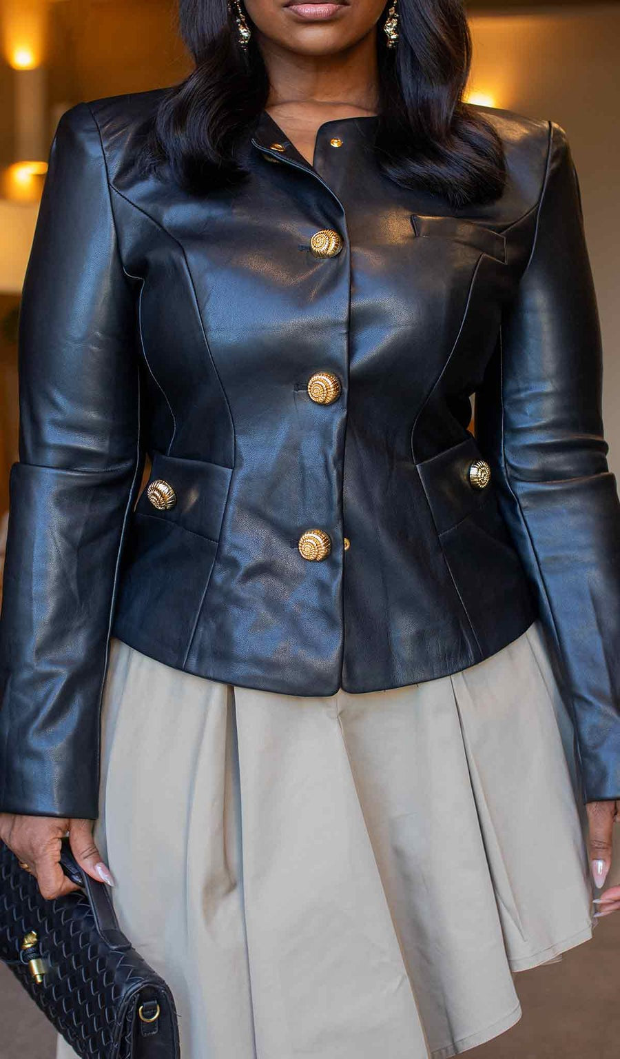 Metal Button Slim Leather Jacket With Irregular Skirt Set