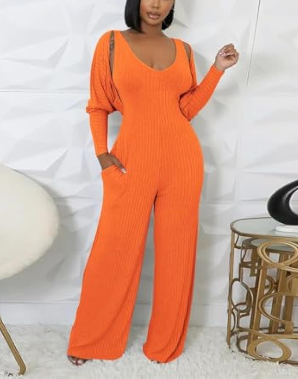 Long Sleeve Cape-style Vest Jumpsuit Set