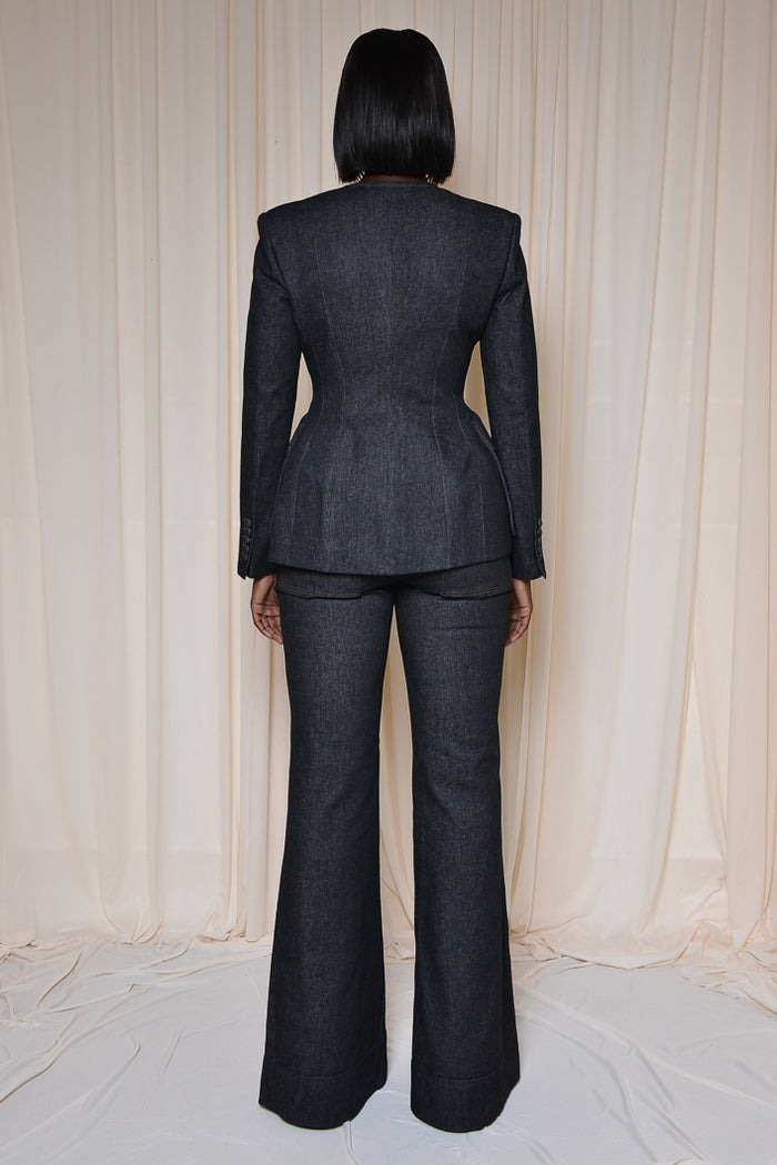 Double-breasted Tailored Blazer In Black Denim& Flared Pants