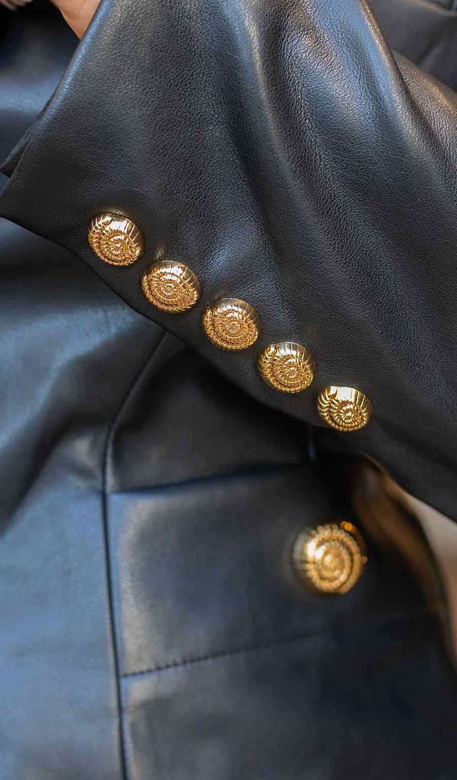 Metal Button Slim Leather Jacket With Irregular Skirt Set