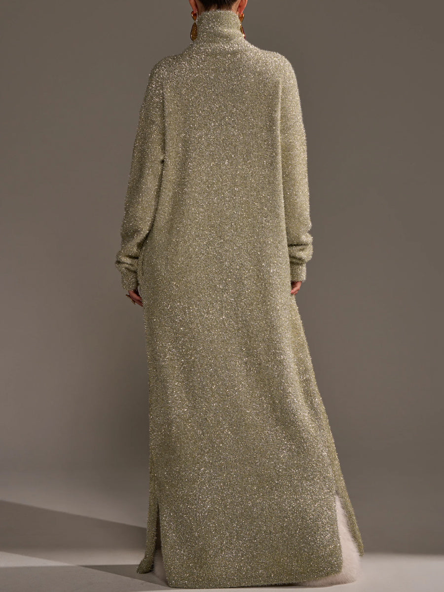 Ribbed Knit Mock Neck Metallic Sweater