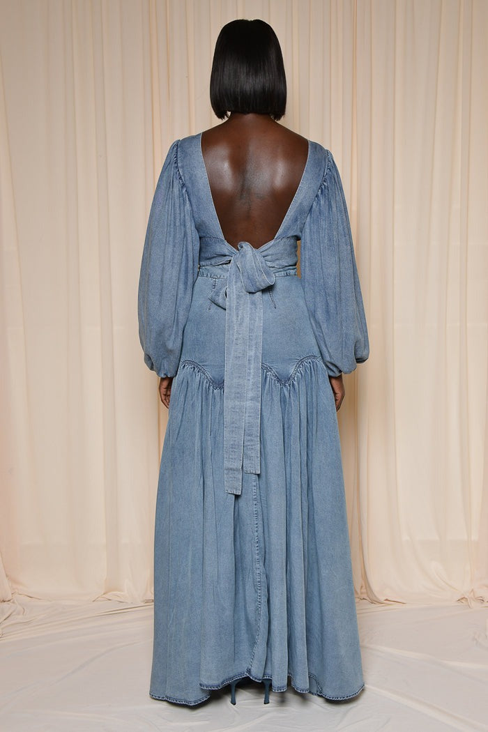 Puff-sleeved Open-back Denim Suit