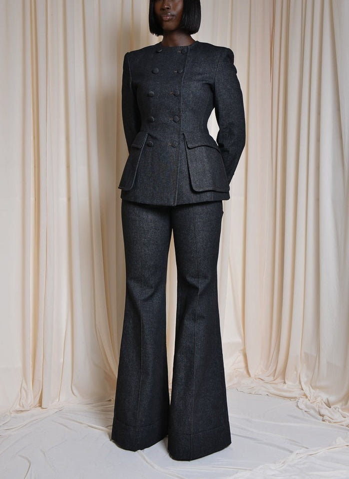 Double-breasted Tailored Blazer In Black Denim& Flared Pants