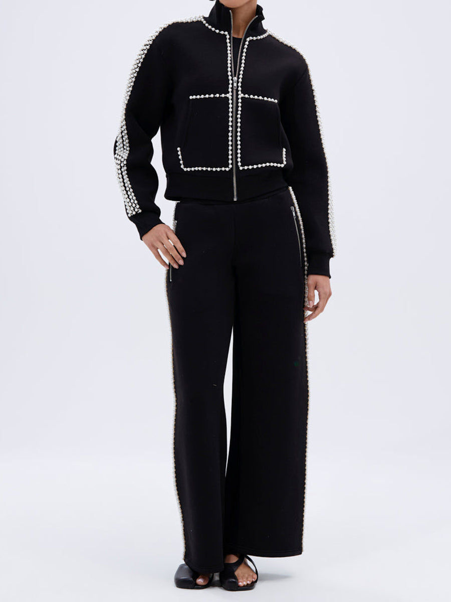 Metal Ball Decorated Zipper Sweatshirt Pants Suit