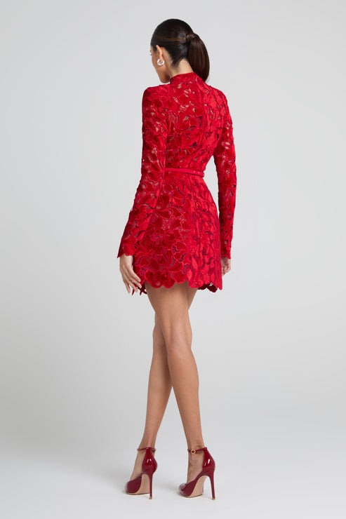 High Scoop Neck Velvet Lace Embroidered Mini Dress