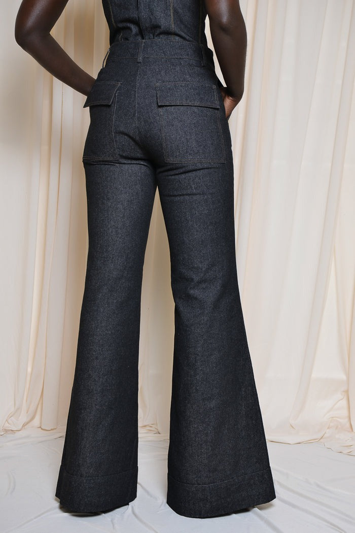 Double-breasted Tailored Blazer In Black Denim& Flared Pants