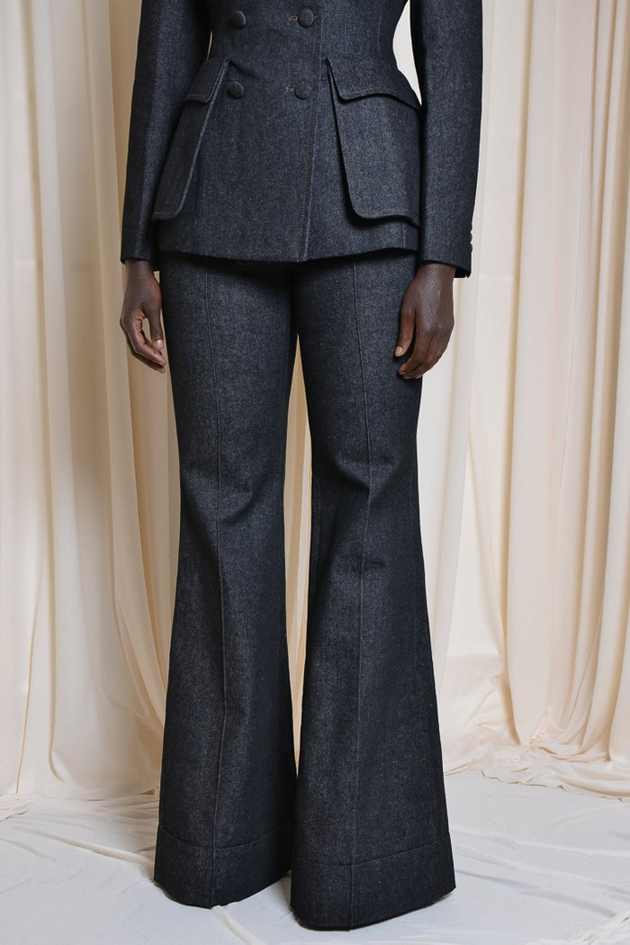 Double-breasted Tailored Blazer In Black Denim& Flared Pants
