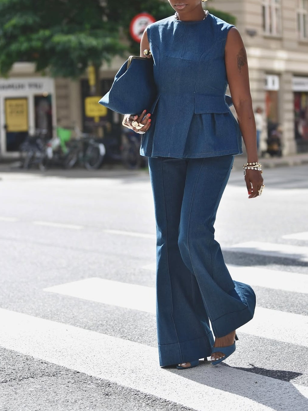 Backless Denim Peplum Top & Pant
