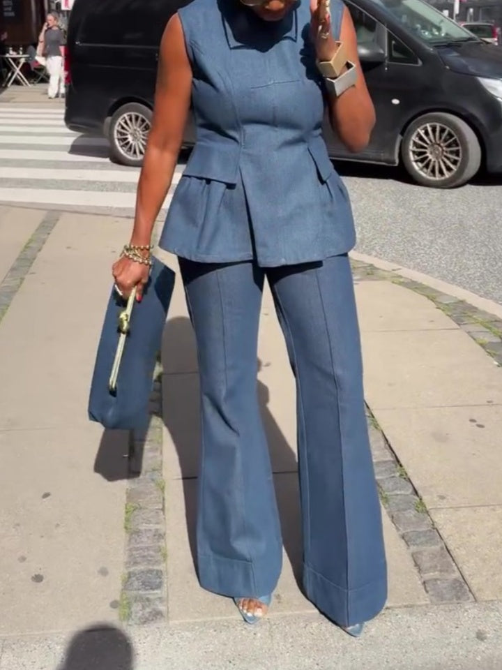 Backless Denim Peplum Top & Pant