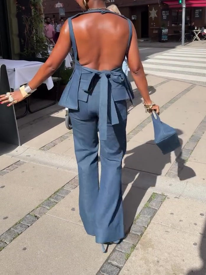 Backless Denim Peplum Top & Pant