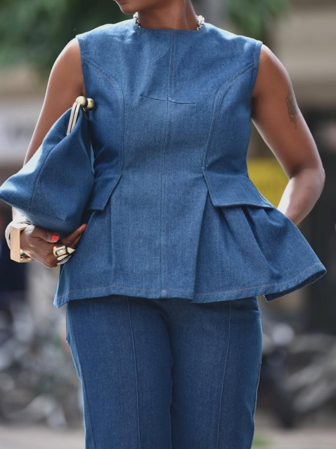 Backless Denim Peplum Top & Pant