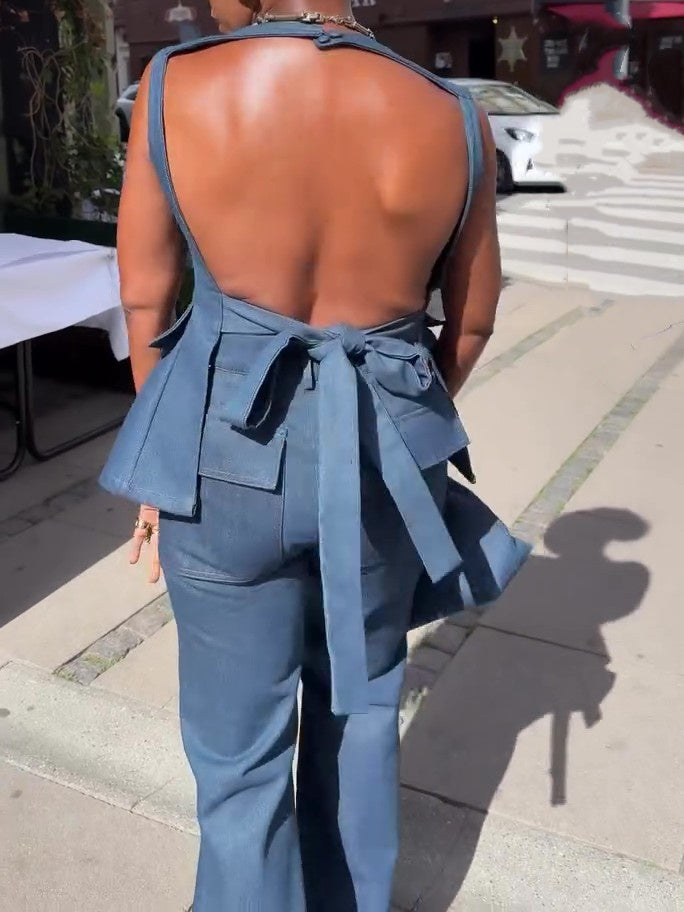 Backless Denim Peplum Top & Pant
