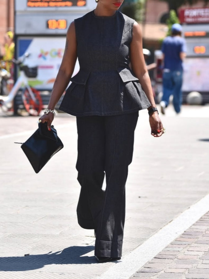 Backless Denim Peplum Top & Pant